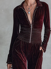Retro Waist-pleated Burgundy Velvet Long-sleeve Wide-leg Jumpsuit