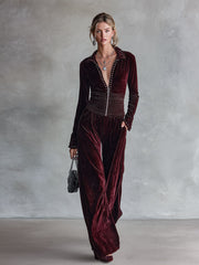 Retro Waist-pleated Burgundy Velvet Long-sleeve Wide-leg Jumpsuit