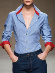 Casual Retro Red Patchwork Blue And White Striped Long-sleeved Shirt