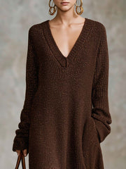 Lazy Brown Sweater Deep-V Paisley Chiffon Handkerchief-Hem Long-Sleeve Boho Maxi Dress
