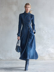 Elegant Minimalist Blue Denim Asymmetric-Placket Dress-Style Trench Coat