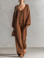 Cozy Relaxed-fit Brown V-neck Ribbed Knit Jumpsuit
