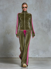 Retro Urban Sporty Stripe-Trim Olive Green Velour Zip-Up Top And Wide-Leg Pants Set