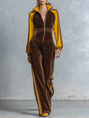 Retro Sporty Style Brown Velour Yellow Raglan Sleeves Front Zipper Wide-Leg Jumpsuit