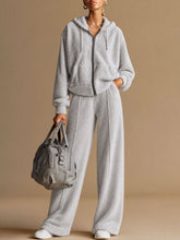 Casual Sporty Light Gray Fleece Zip-up Hoodie And Wide-leg Pants Set