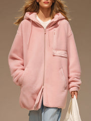 Casual Sporty Pink Fleece Zip-up Hooded Coat