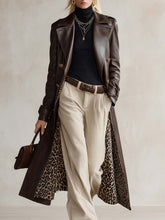 Retro Brown Faux-Leather Peak-Lapel Gold-Button Longline Leopard-Lined Trench Coat Women
