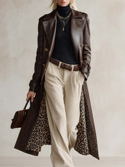 Retro Brown Faux-Leather Peak-Lapel Gold-Button Longline Leopard-Lined Trench Coat Women
