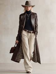 Retro Brown Faux-Leather Peak-Lapel Gold-Button Longline Leopard-Lined Trench Coat Women