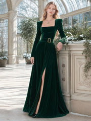 Elegant And Stylish Dark Green Velvet Square Neck Slit Maxi Dress