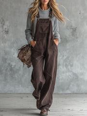 Casual Retro Brown Multi-pocket Denim Overalls