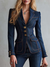 Elegant Classic Notch Lapel Single-breasted Dark Blue Denim Blazer