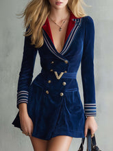 Elegant Retro Color-block Collared Dark Blue Corduroy Mini Dress