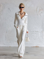 Elegant Sporty-trim Cream-white Top And Wide-leg Trousers Set
