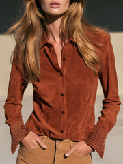 Casual Retro Brick Red Faux Suede Long-sleeved Shirt