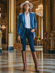 Casual Retro Leopard Print Trim Lake Blue Velvet Blazer