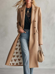 Classic Retro Lapel Collar Lining With Heart Pattern Camel Tweed Coat