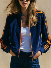Casual Sport Retro Orange Webbing Dark Blue Velvet Baseball Jacket
