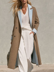 Elegant Retro-style Khaki Tweed Coat With Contrasting Collar