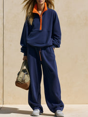 Casual Sports Color-blocked Half-zip Navy Blue Fleece Pullover Sweater And Pants Set