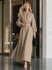 Elegant Classic Camel Shawl-Collar Deep-V Belted Balloon-Sleeve Fit-And-Flare Maxi Coat