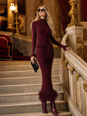 Retro Elegant Burgundy Round Neck Long-sleeved Tassel Pocket Knit Maxi Dress