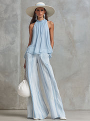 Light Blue Chiffon Striped Pants