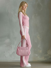 Color-blocked V-neck Long-sleeved Top And Trousers Ribbed Set