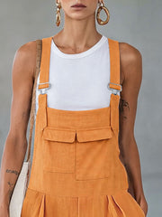 Orange Cotton-linen Multi-pocket Wide-leg Overalls
