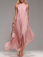Comfortable And Elegant Halter Neck Sleeveless Slit Chiffon Maxi Dress