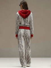 Casual Sporty Retro Snakeskin Gray Velvet Hooded Sweatshirt Wide-Leg Set