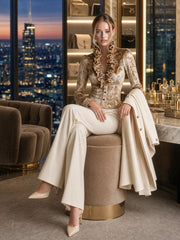 Elegant Retro-print Champagne-colored Velvet Ruffled Long-sleeved Shirt