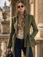 Elegant Retro-print Champagne-colored Velvet Ruffled Long-sleeved Shirt