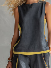 Elegant And Casual Two-tone Trim Gray Cotton And Linen Vest And Pants Set