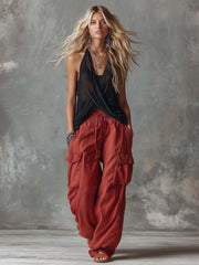 Retro Casual Workwear Style Red Cotton Pants