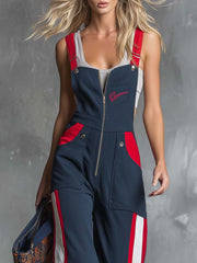 Retro Fahsion Sports Front Zipper Contrast Dark Blue Cotton Overalls Jumpsuit