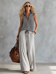 Casual Sporty Retro Half-Zip Black and White Striped Sleeveless Top