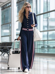 Retro Sporty Color-blocked Blue Stand-collar Cardigan And Trousers Set