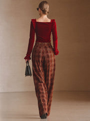 Elegant Red Velvet Square Neck Ruffled T-Shirt And Plaid Pants Set