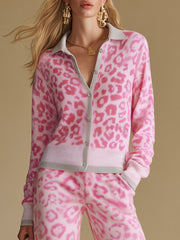 Elegant And Retro Color-blocked Leopard Print Knitted Top And Pants Set.