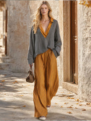 Casual Retro Color-blocked Faux Two-piece Grey Linen Shirt And Yellow Trousers Set