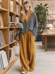 Casual Retro Color-blocked Faux Two-piece Grey Linen Shirt And Yellow Trousers Set