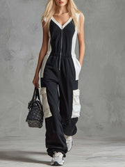 Casual Retro Sporty Black And White Color-blocked V-neck Half-zip Jumpsuit