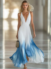 Elegant And Flowing V-Neck Pleated Chiffon Blue Gradient White Maxi Dress