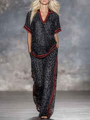 Leopard Print Chiffon Short-sleeved Top And Trousers Set