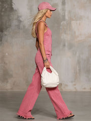 Retro Pink Denim Sleeveless Jumpsuit