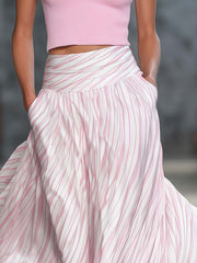 Elegant Retro Flowy Pink Striped Chiffon Skirt