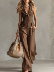 Classic Piped Brown Cotton And Linen Vest And Wide-leg Trousers Set