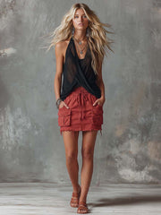 Retro Casual Workwear Style Red Cotton Short Skirt