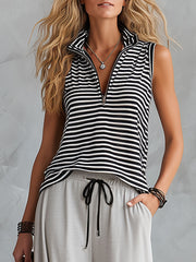 Casual Sporty Retro Half-Zip Black and White Striped Sleeveless Top